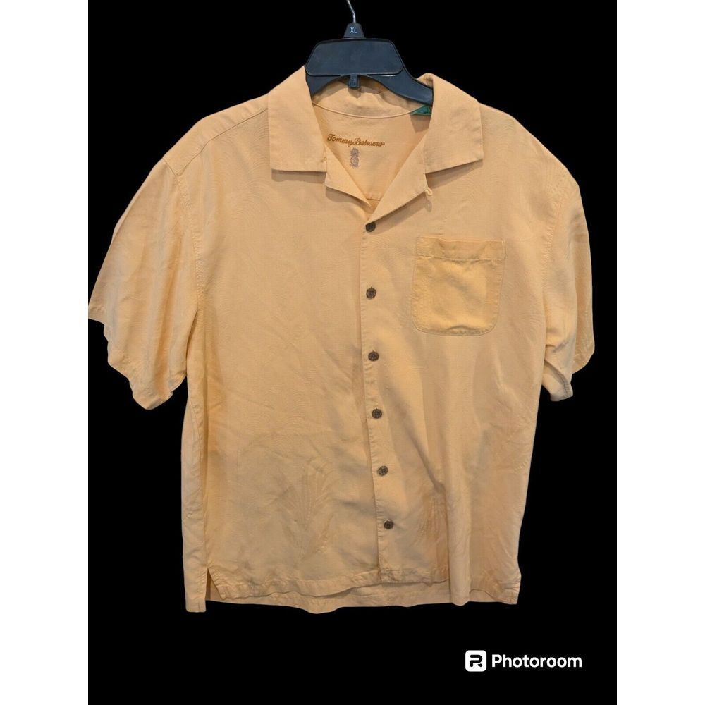 Tommy Bahama 100% Silk Button Up Shirt Mens Large Yellow Hawaiian Short Sleeve